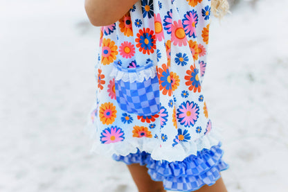 Girls Periwinkle Check Flower Power Spring Summer Short Set