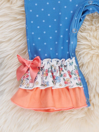 Dotted Pumpkin Bow Embroidered Ruffle Romper