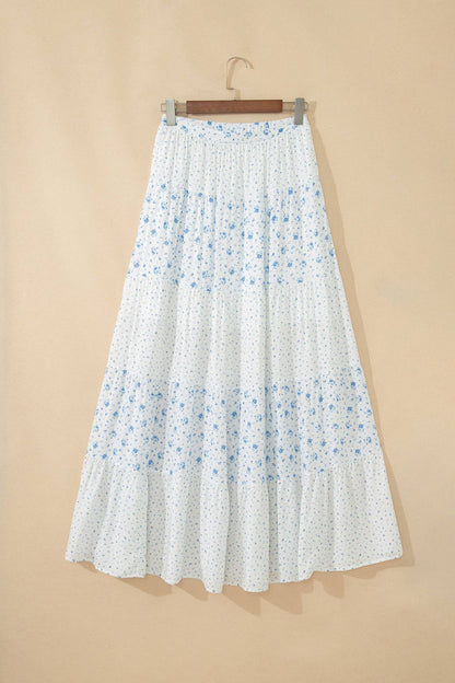 Sky Blue High Waist Tiny Floral Print Boho Maxi Skirt
