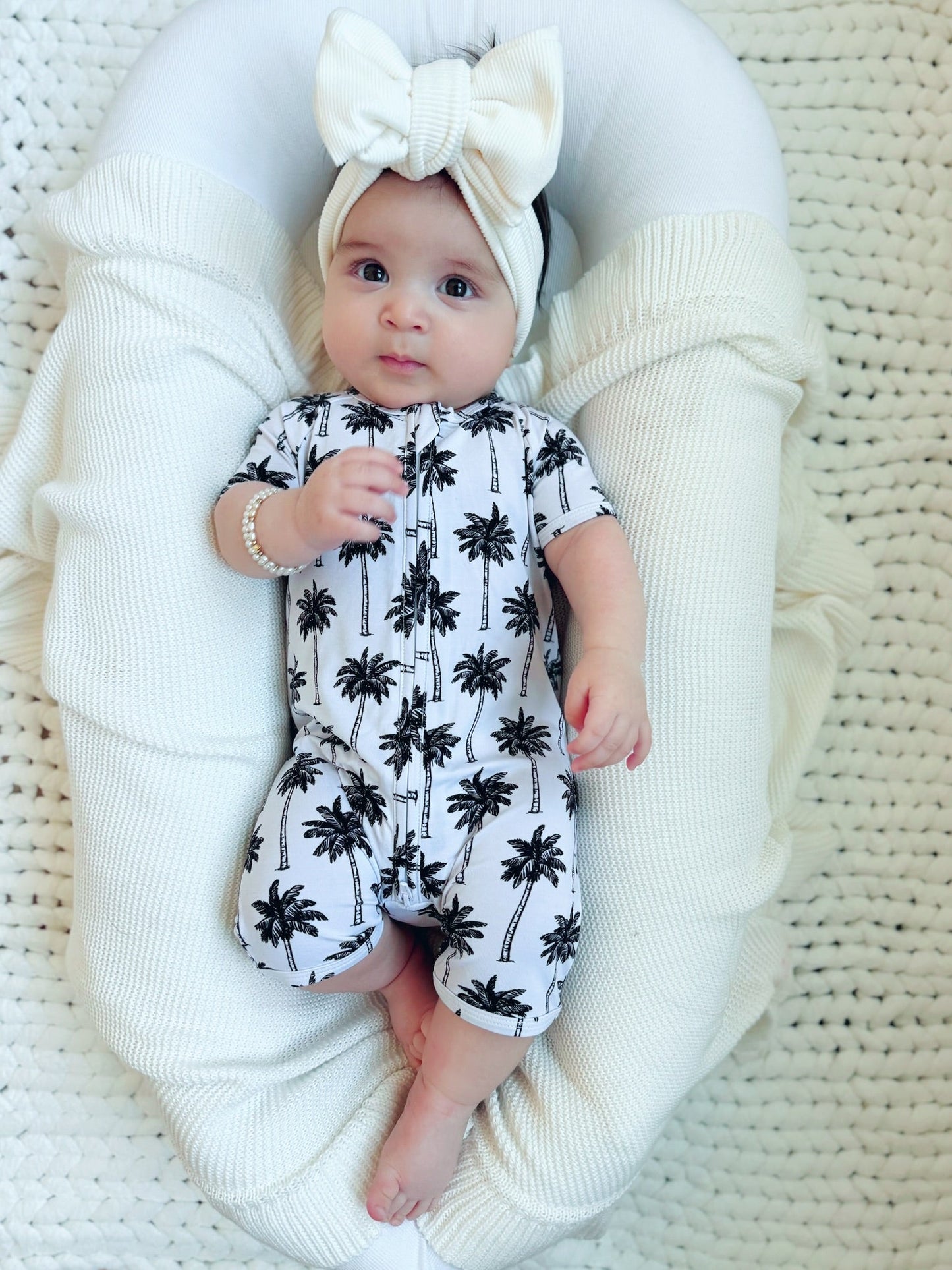 Bamboo Shorty Romper  | Palm Style White