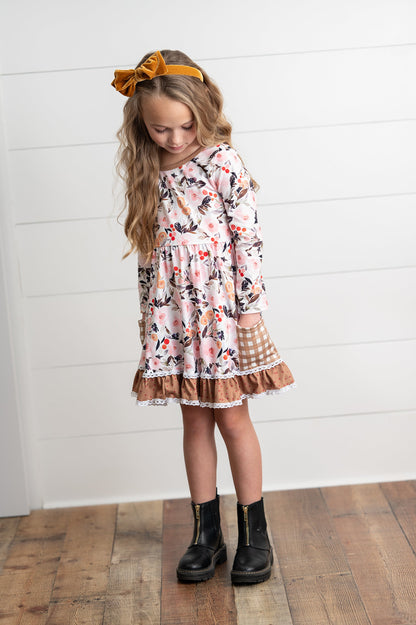 Brown Check Pocket Floral Dress