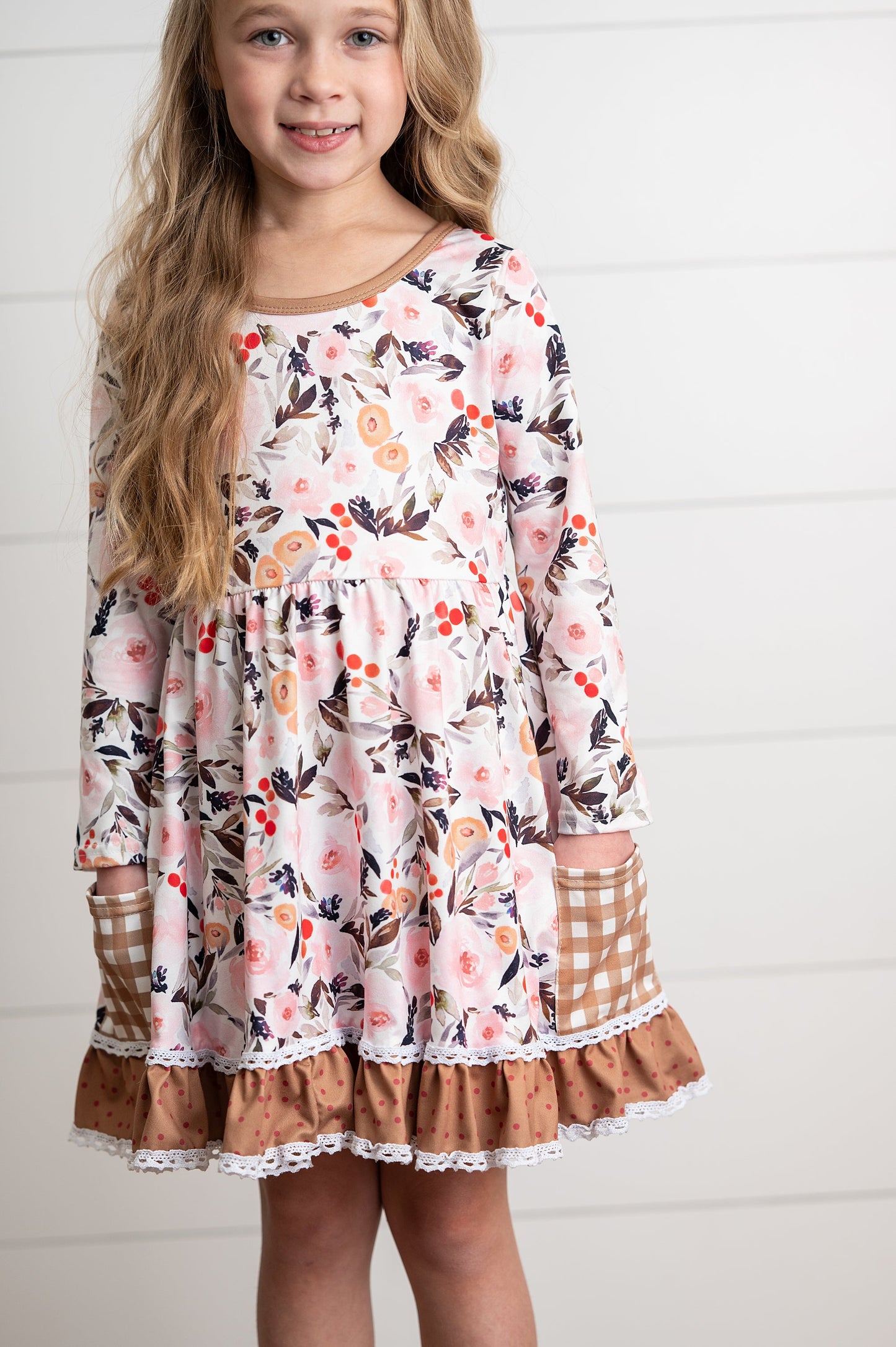 Brown Check Pocket Floral Dress