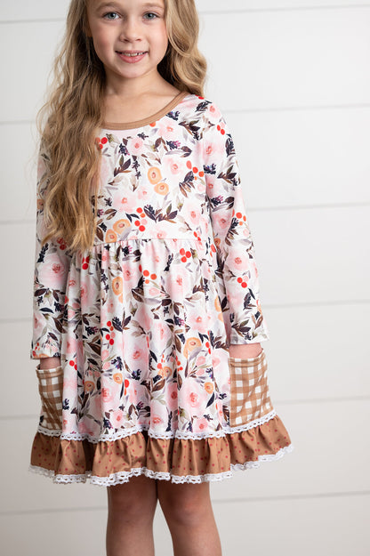 Brown Check Pocket Floral Dress