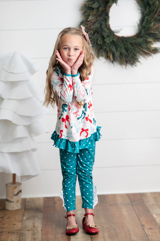 Teal Coquette Bow Dot Pant Set