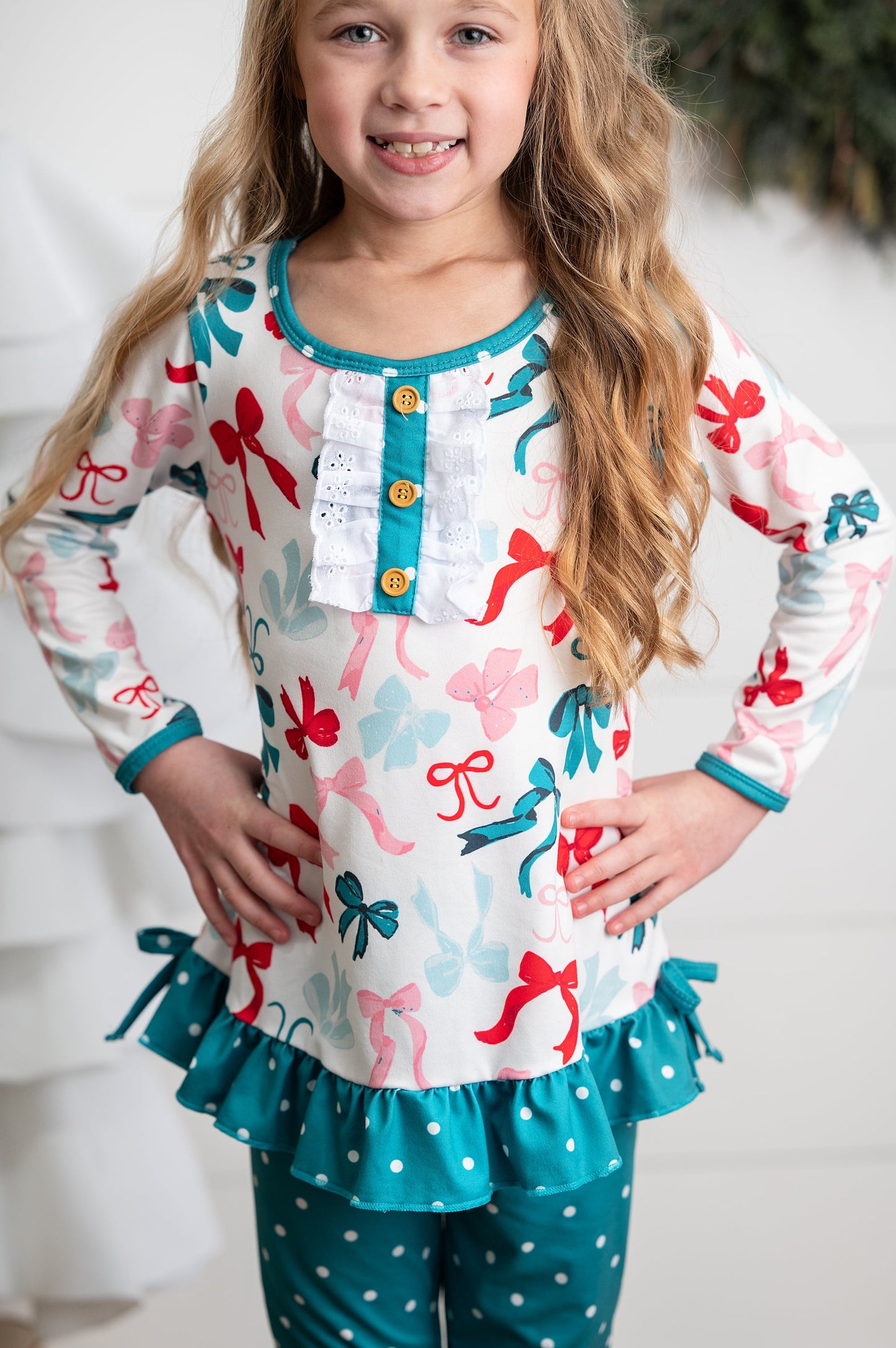 Teal Coquette Bow Dot Pant Set