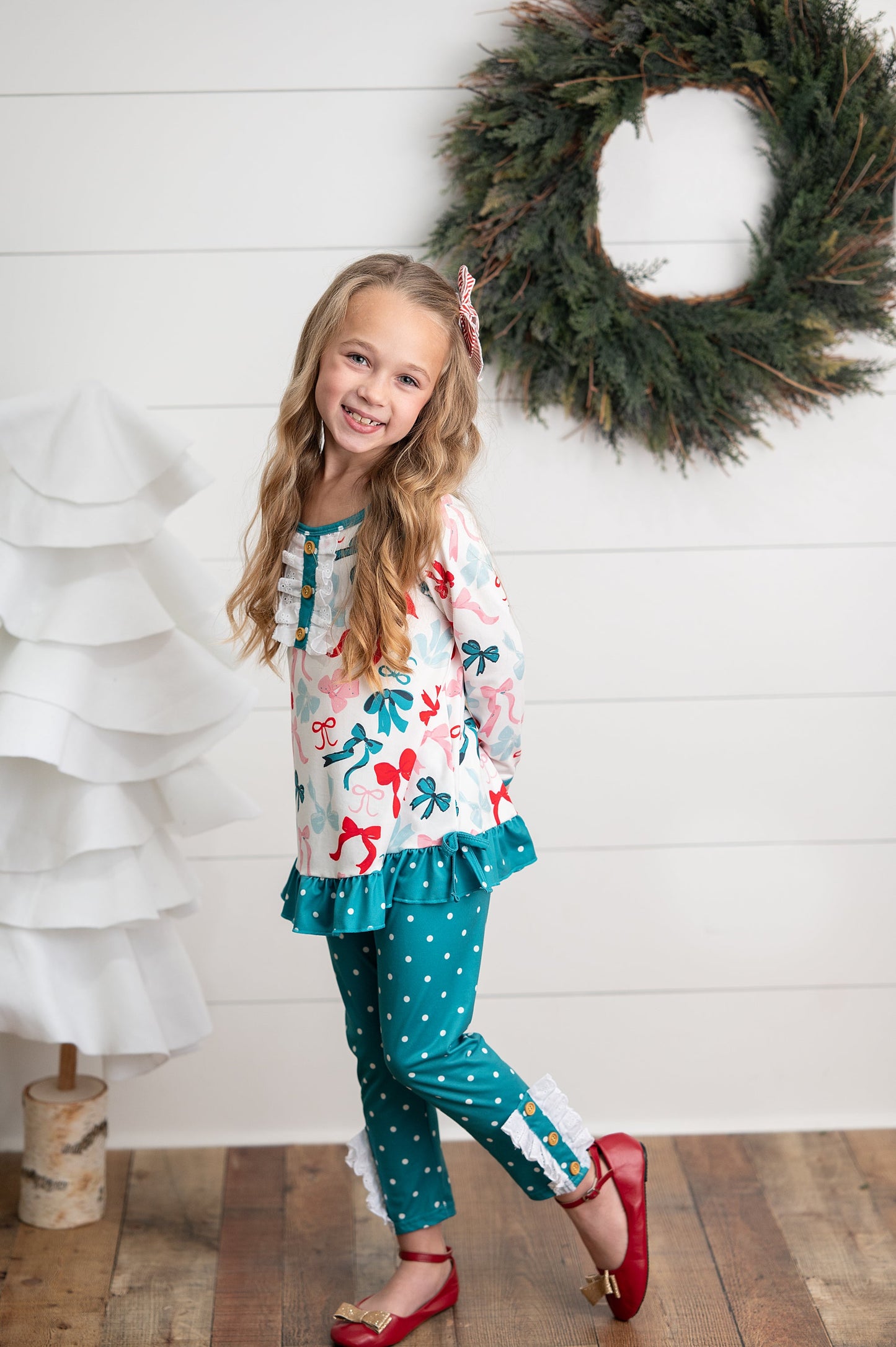 Teal Coquette Bow Dot Pant Set