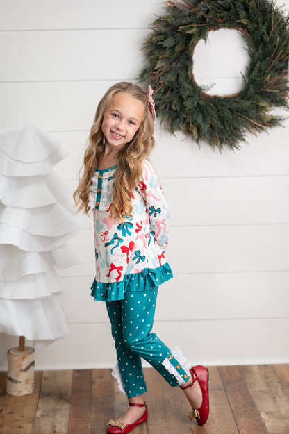 Teal Coquette Bow Dot Pant Set
