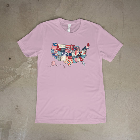 USA Patchwork Map Tee – Patriotic Red, White & Blue T-Shirt