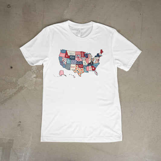 USA Patchwork Map Tee – Patriotic Red, White & Blue T-Shirt