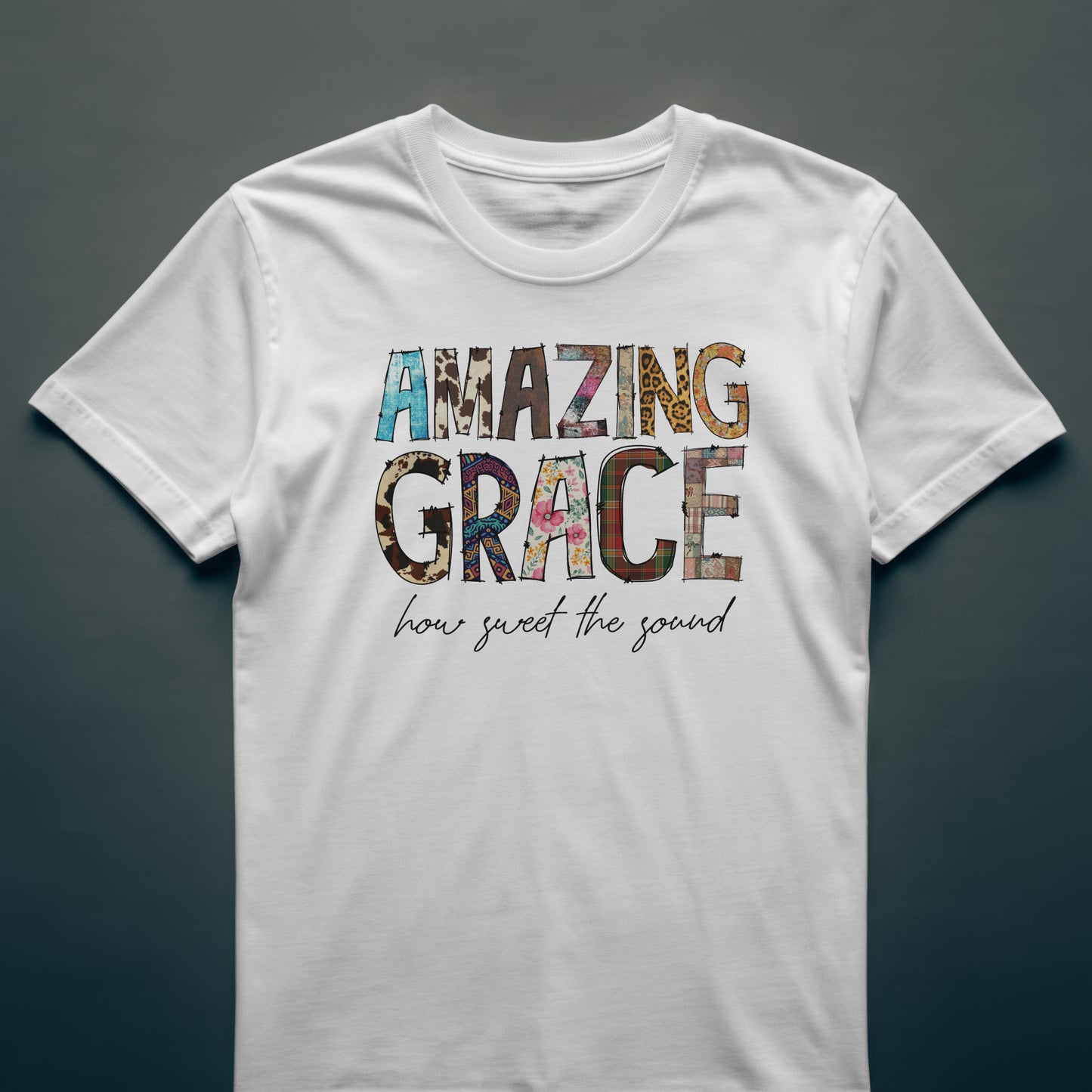 Patchwork “Amazing Grace” Tee – Faith-Inspired Christian T-Shirt for Women