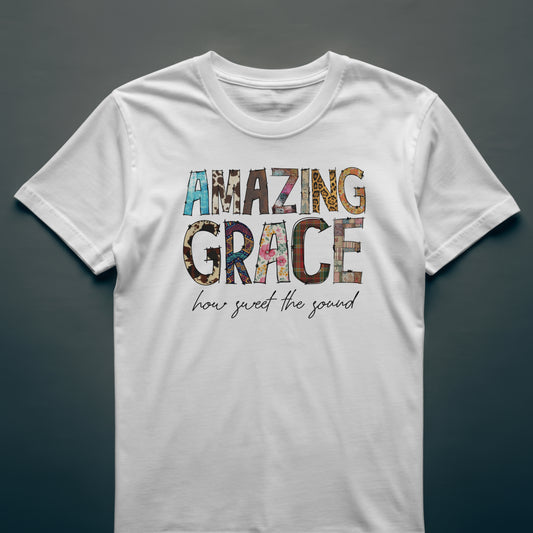 Patchwork “Amazing Grace” Tee – Faith-Inspired Christian T-Shirt for Women