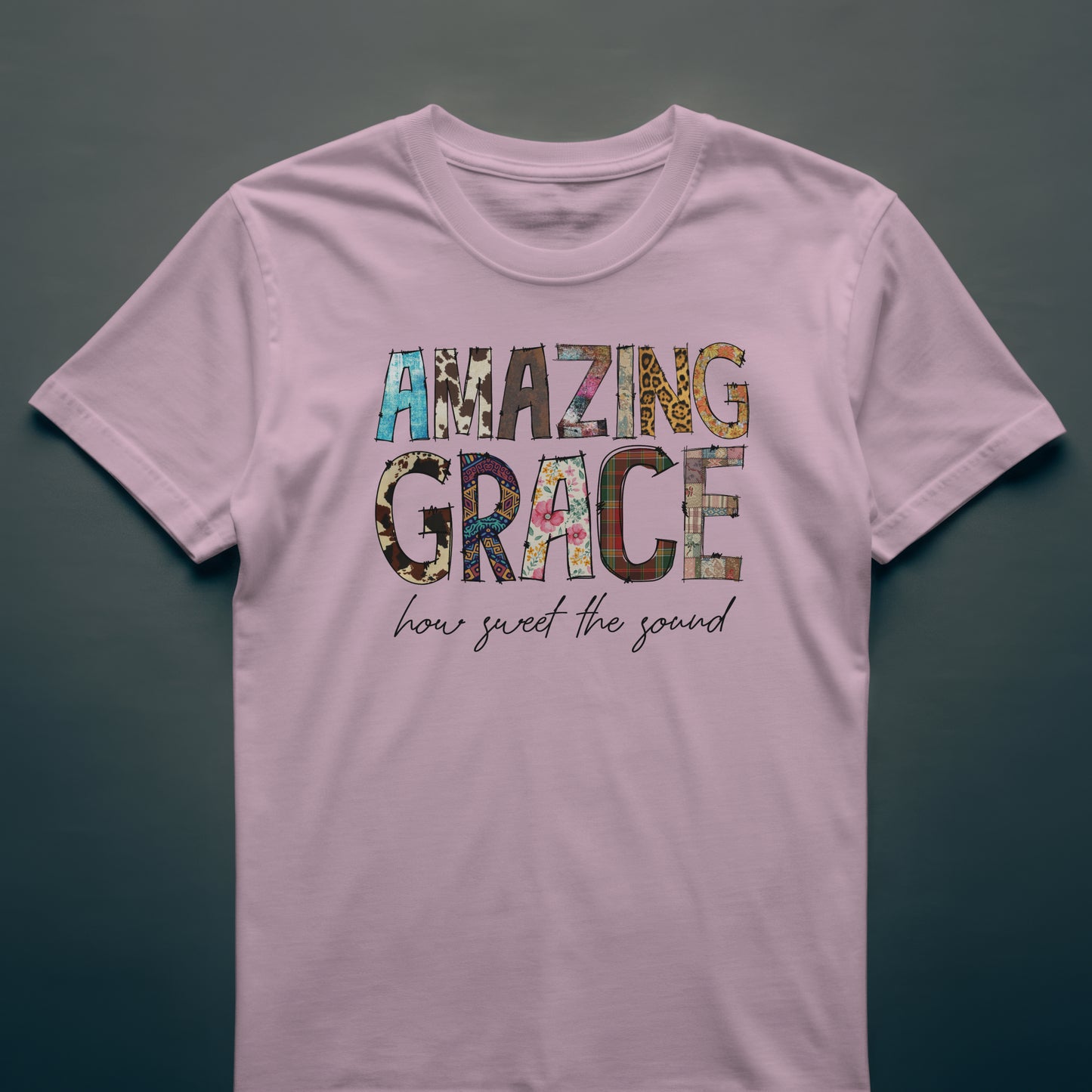 Patchwork “Amazing Grace” Tee – Faith-Inspired Christian T-Shirt for Women