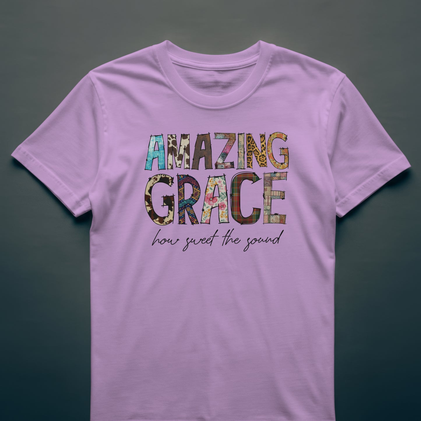 Patchwork “Amazing Grace” Tee – Faith-Inspired Christian T-Shirt for Women