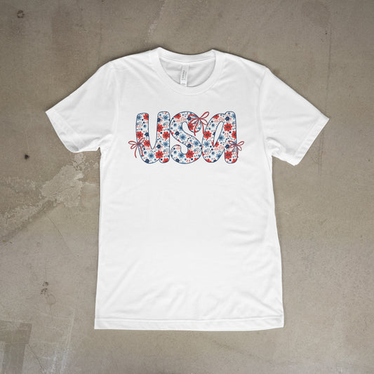 USA Floral Firework Tee – 4th of July Patriotic Shirt