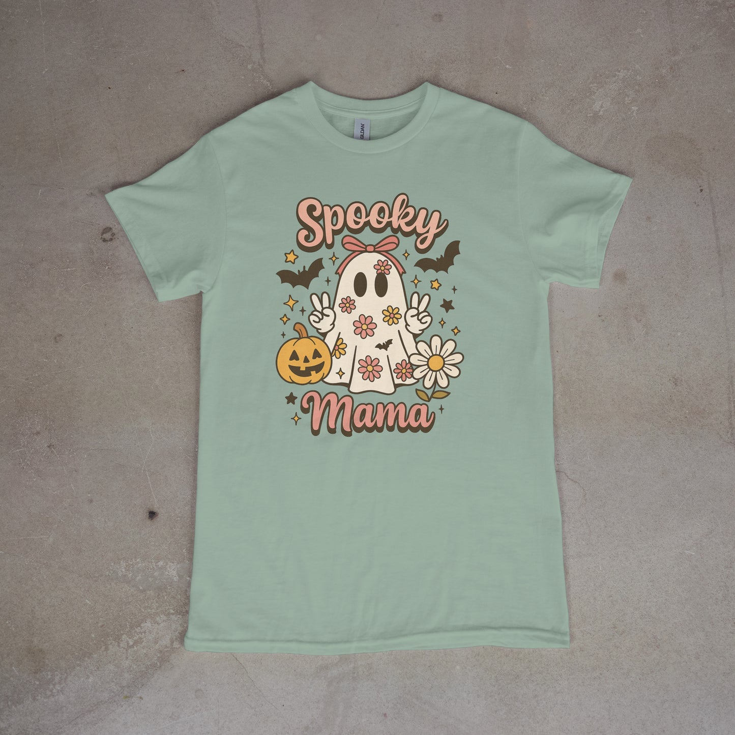 Spooky Mama Ghost Tee – Boho Rose Gold Halloween Shirt for Women