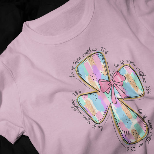 "He Is Risen" Pastel Cross T-Shirt