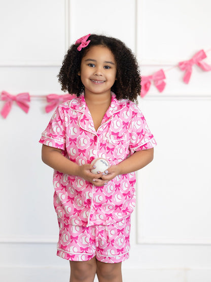 Girls Baseball Bow Print Pajama Set Short Sleeve Pink