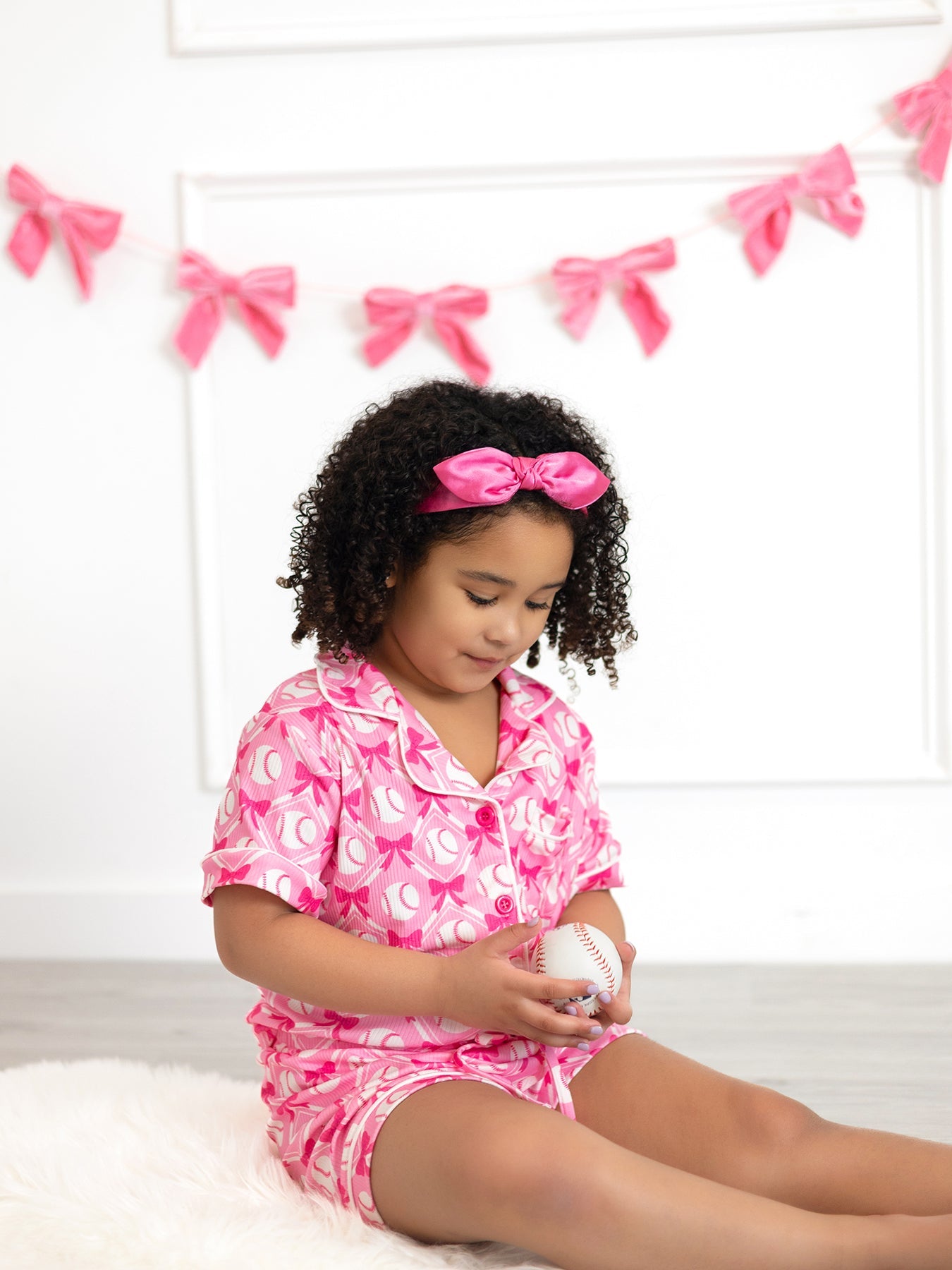Girls Baseball Bow Print Pajama Set Short Sleeve Pink