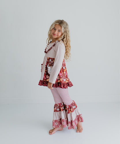 Beige Floral Bell Bottom Pant Set