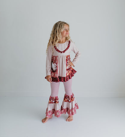 Beige Floral Bell Bottom Pant Set