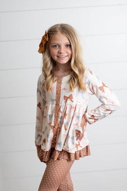 Beige Bow Button Pant Set