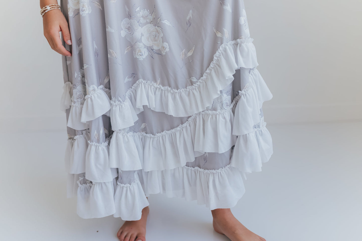 Gray Floral Ruffles Dress