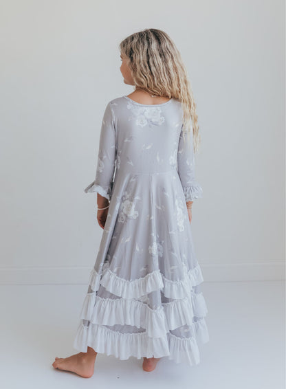 Gray Floral Ruffles Dress