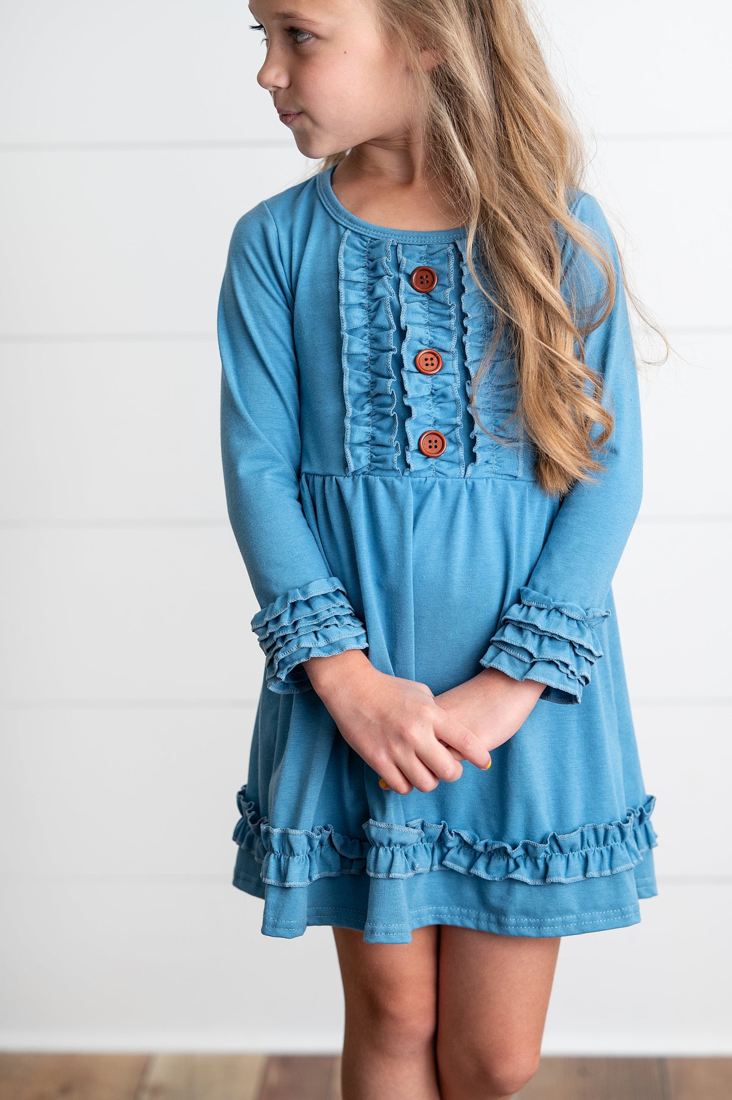 Solid Blue Ruffle Long Sleeve Dress