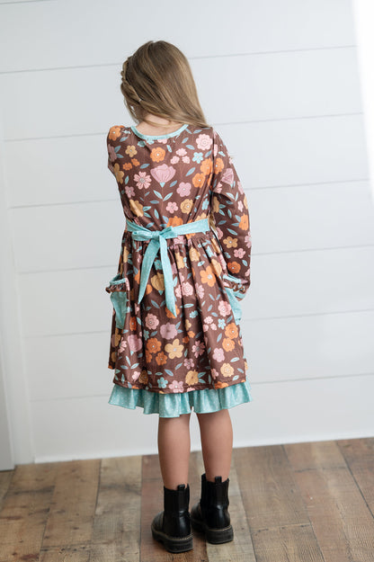 Brown Floral Pocket Tie Dress