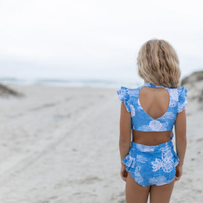 Grace Denim Floral Open Back One Piece Swimsuit