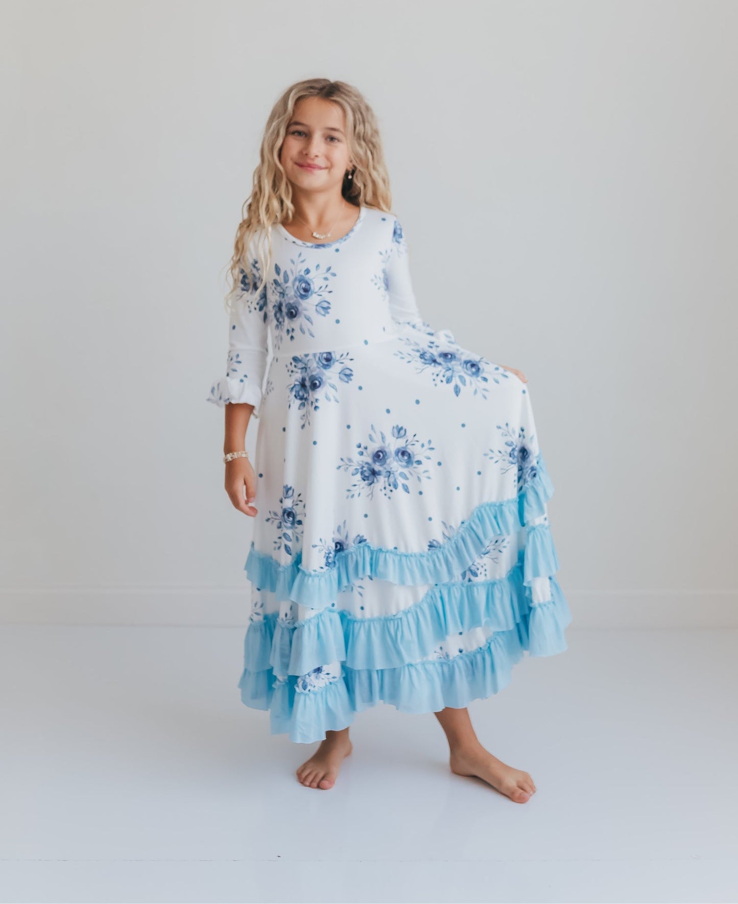 Dusty Blue Floral Ruffles Dress
