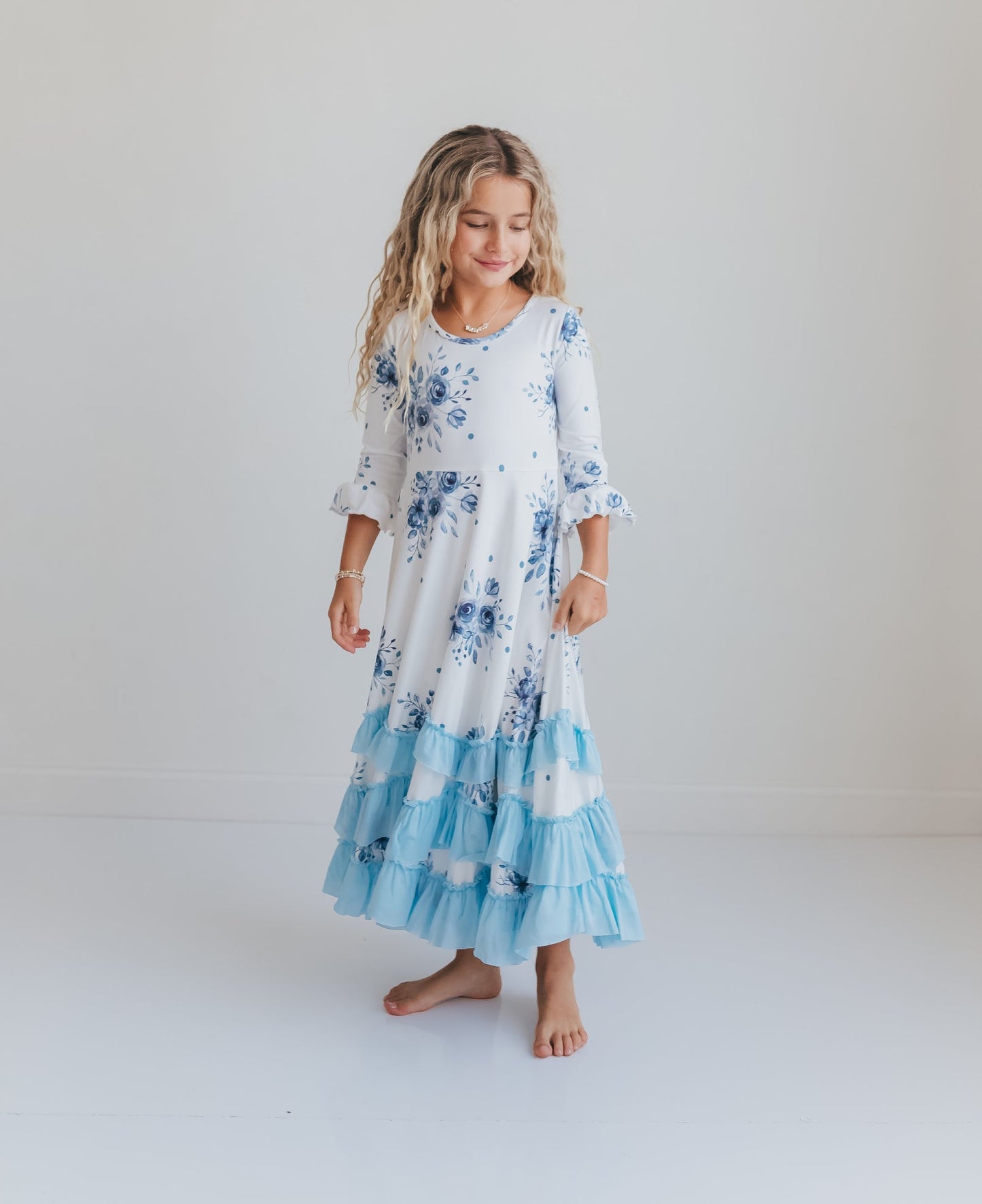 Dusty Blue Floral Ruffles Dress