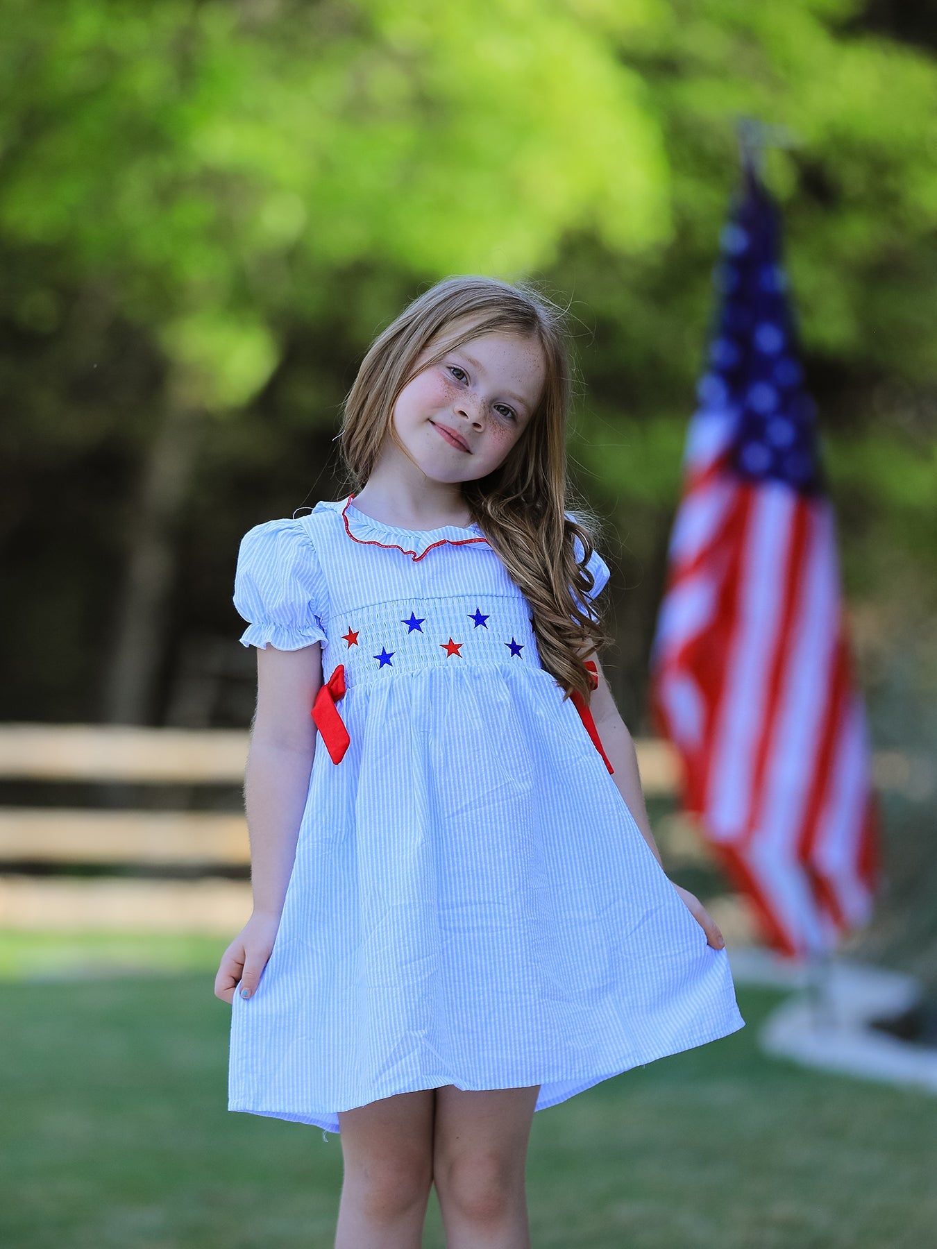 4th of july Girls' Smocking Star Embroidered Dress