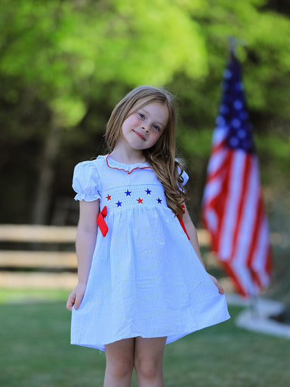 4th of july Girls' Smocking Star Embroidered Dress