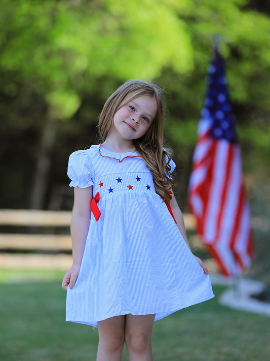 4th of july Girls' Smocking Star Embroidered Dress