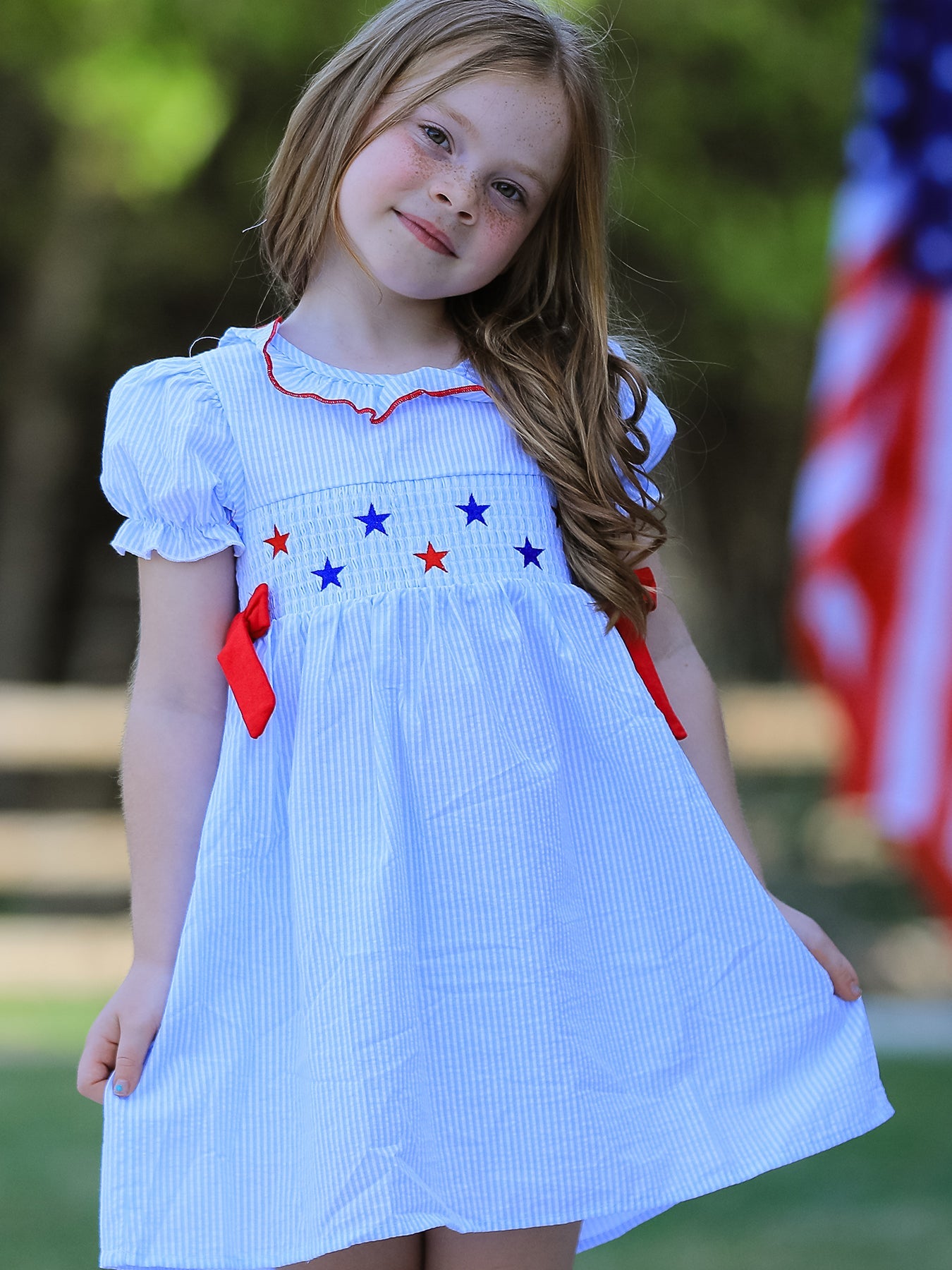 4th of july Girls' Smocking Star Embroidered Dress