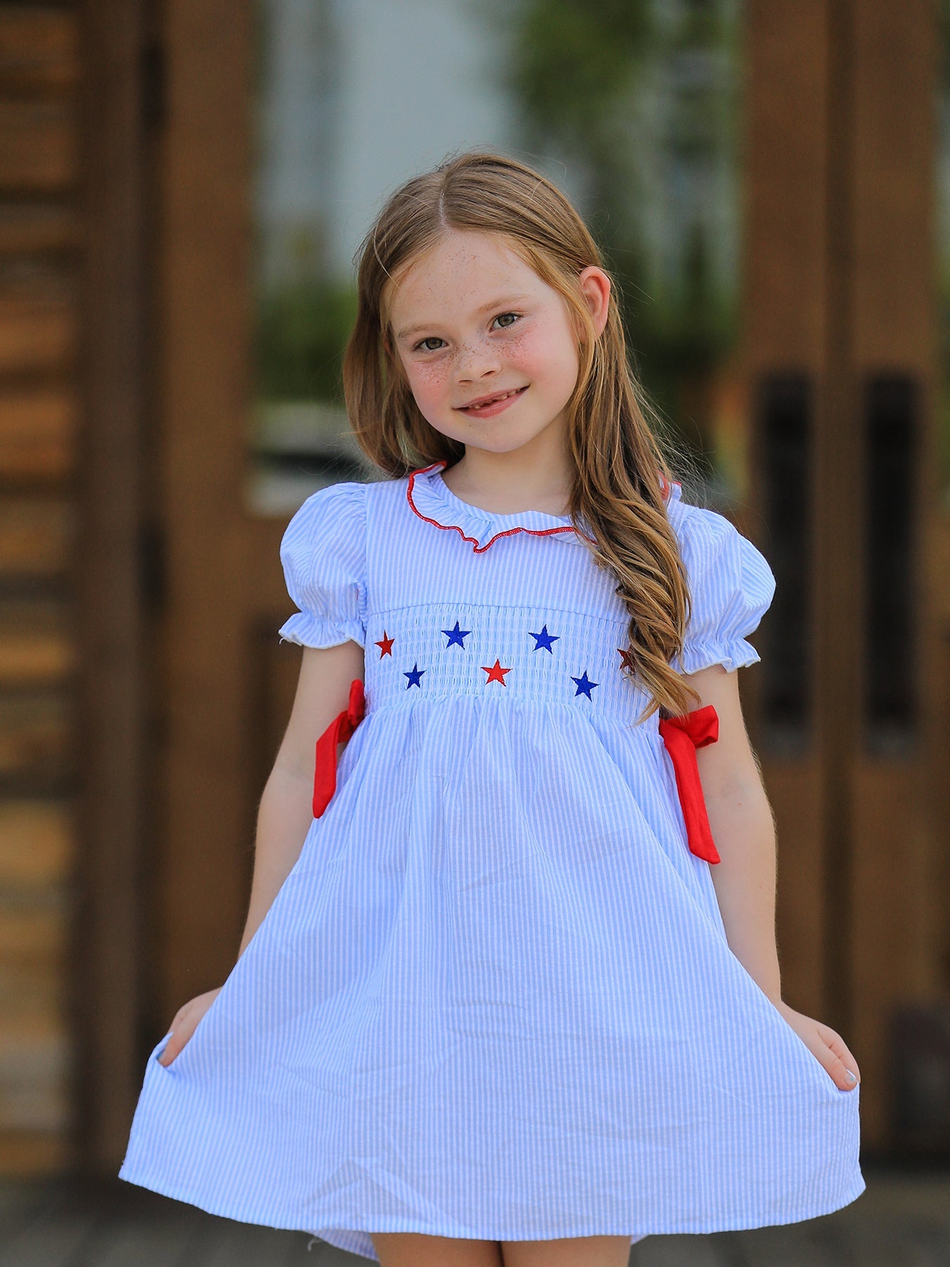 4th of july Girls' Smocking Star Embroidered Dress