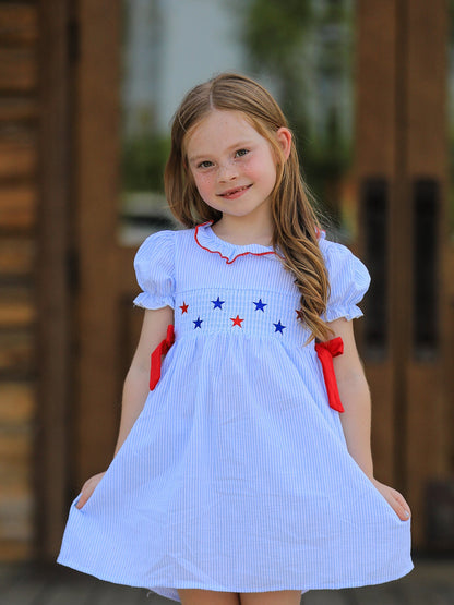 4th of july Girls' Smocking Star Embroidered Dress