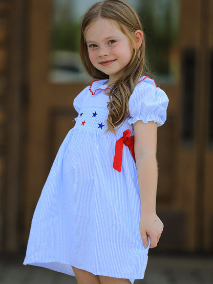 4th of july Girls' Smocking Star Embroidered Dress