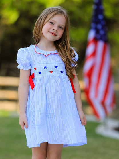 4th of july Girls' Smocking Star Embroidered Dress