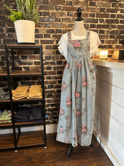 Beau Floral Print Pleated High Waist Wide Leg Denim Jumpsuit