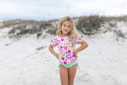 Olivia Green Pink Floral Rash Guard Swimsuit