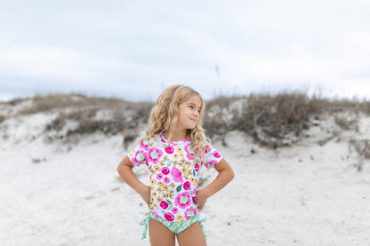 Olivia Green Pink Floral Rash Guard Swimsuit
