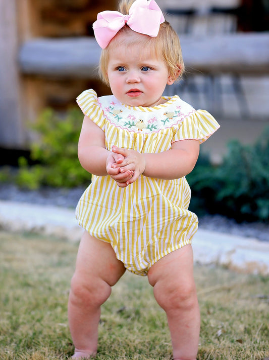 Spring/Summer Chick Floral Embroidery Smocking Girls Romper