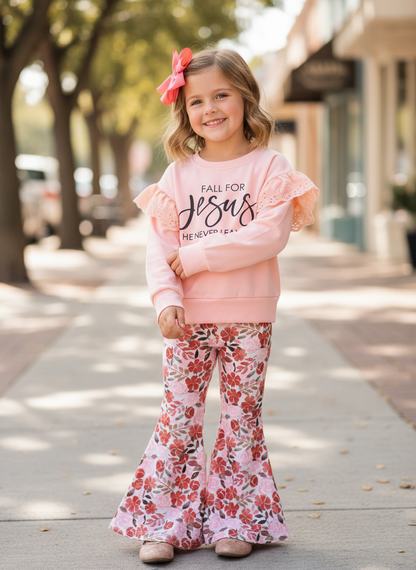 Pink Floral “Jesus Never Leaves” Bell Bottom Set