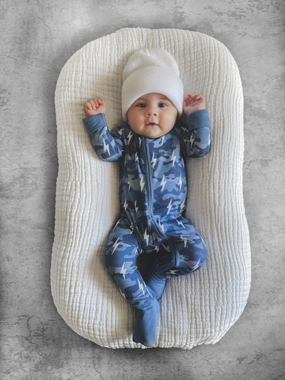 Bamboo Zip Romper | Blue Camo Bolts