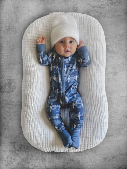 Bamboo Zip Romper | Blue Camo Bolts