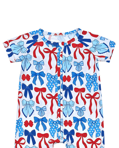 Bamboo Shorty Romper  | Red-White & Bows