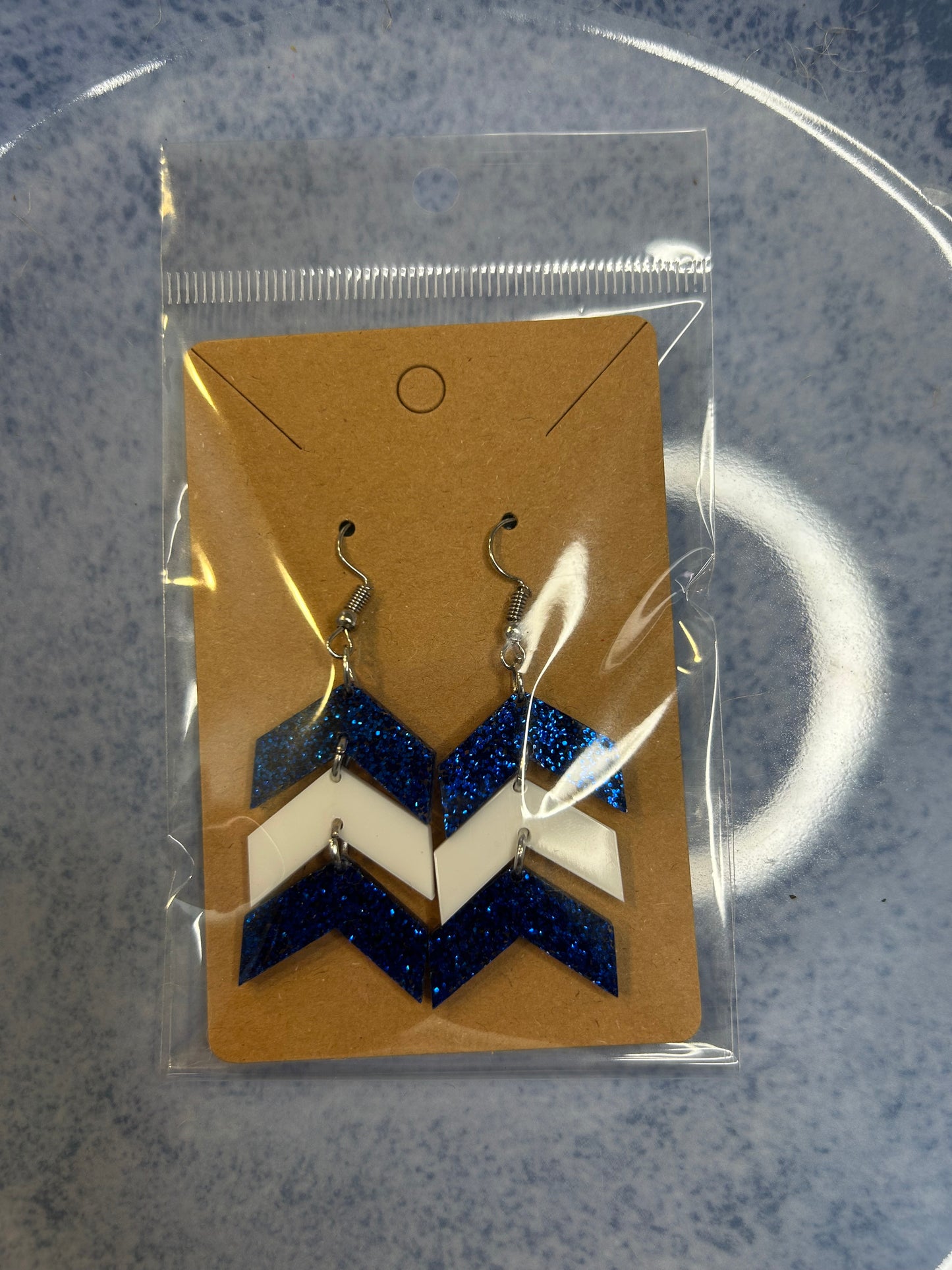 Blue & White Glitter Chevron Earrings
