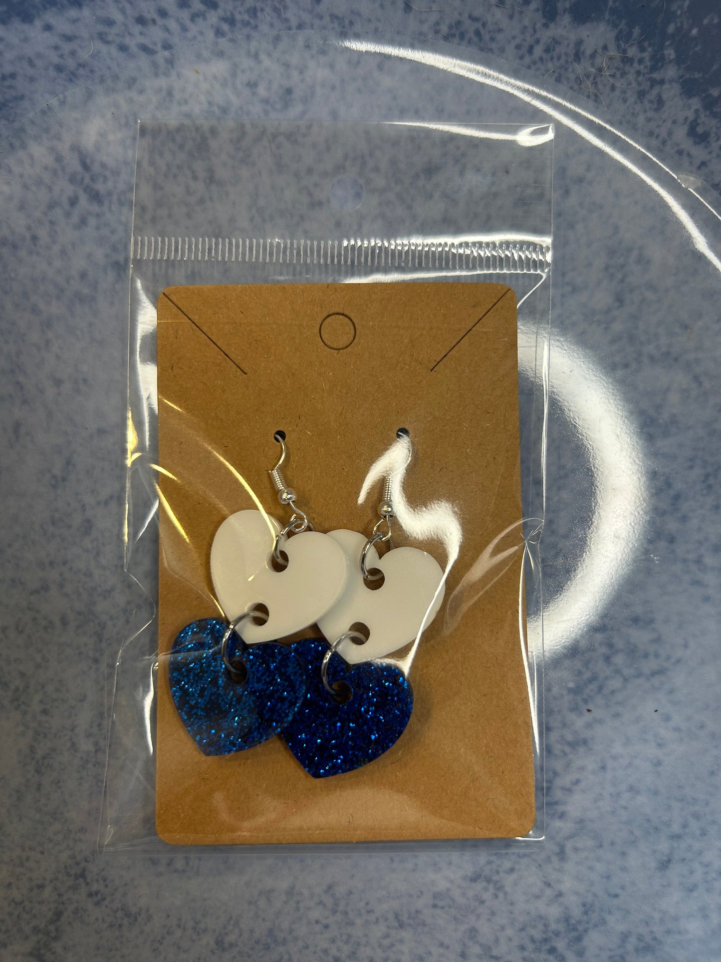 Blue & White Glitter Double Heart Earrings